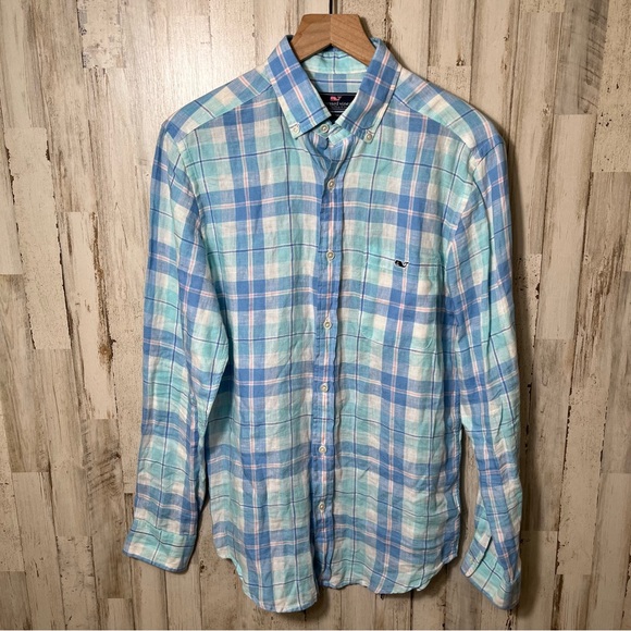 Vineyard Vines Tucker Shirt 100% Linen Plaid Button Down Long Sleeve Shirt Small - Picture 2 of 5
